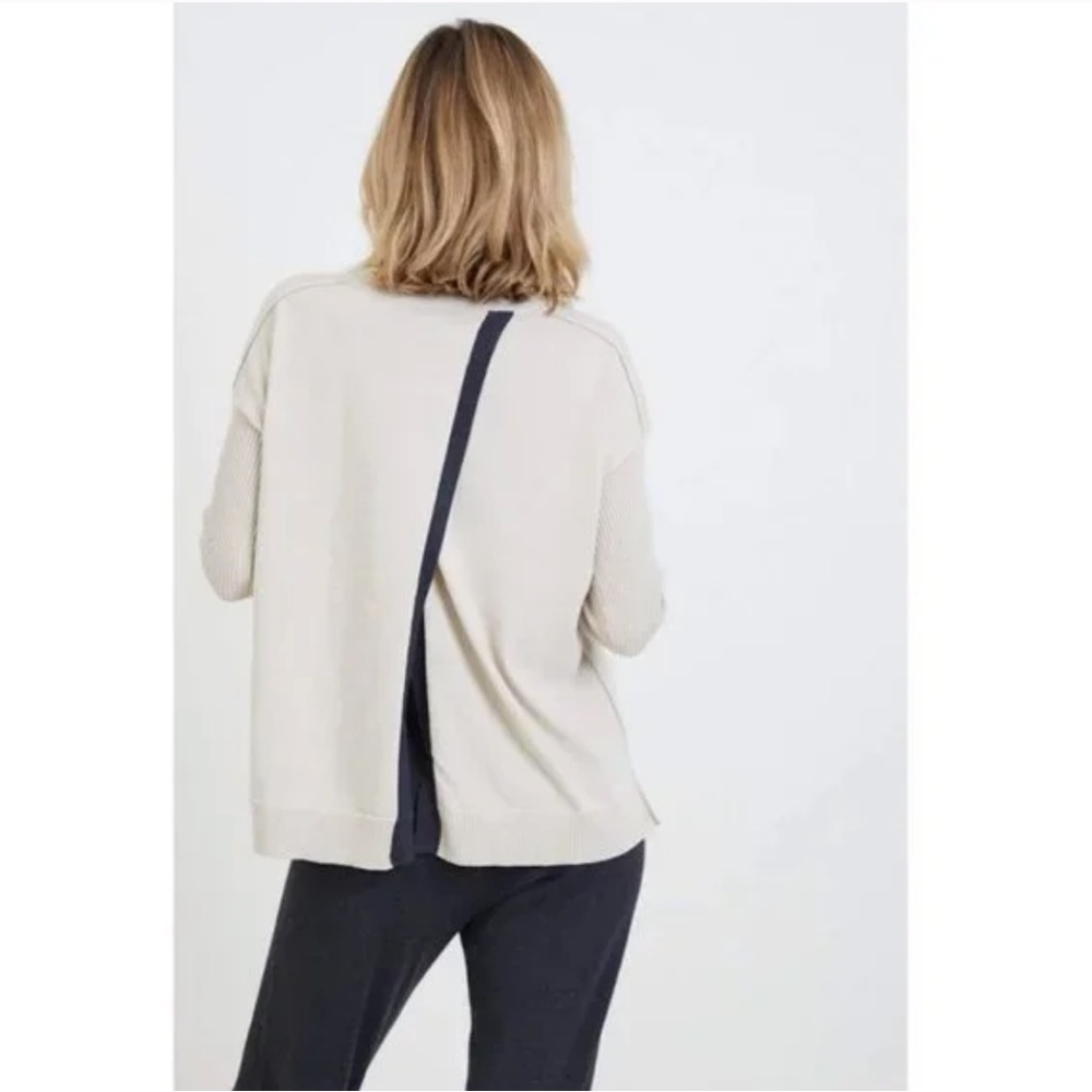 MerSea Anywhere Split Back Crew Sweater Sand Tan Gray S/M